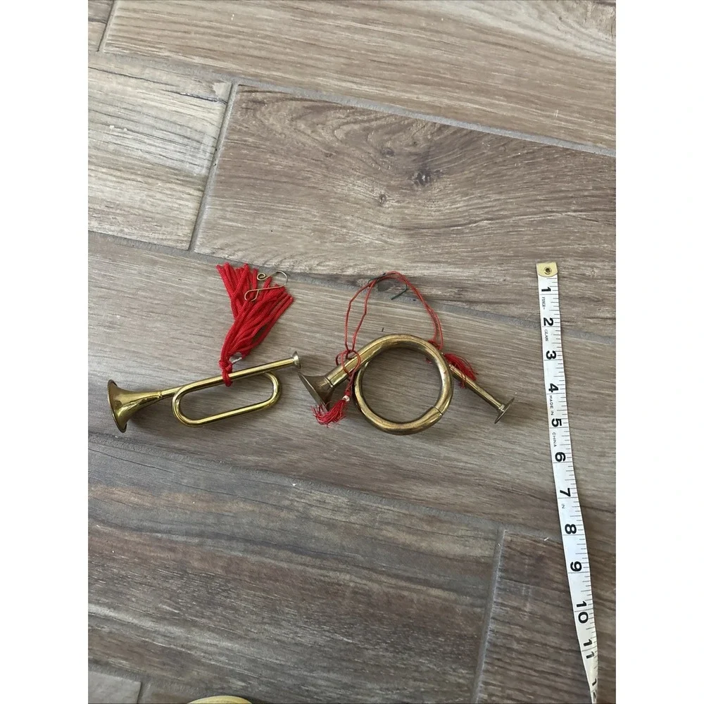 Christmas Holiday Brass Horns Musical Instruments Ornaments Set Of 2